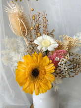 Load image into Gallery viewer, Petite Preserved Yellow Gerbera White Vase