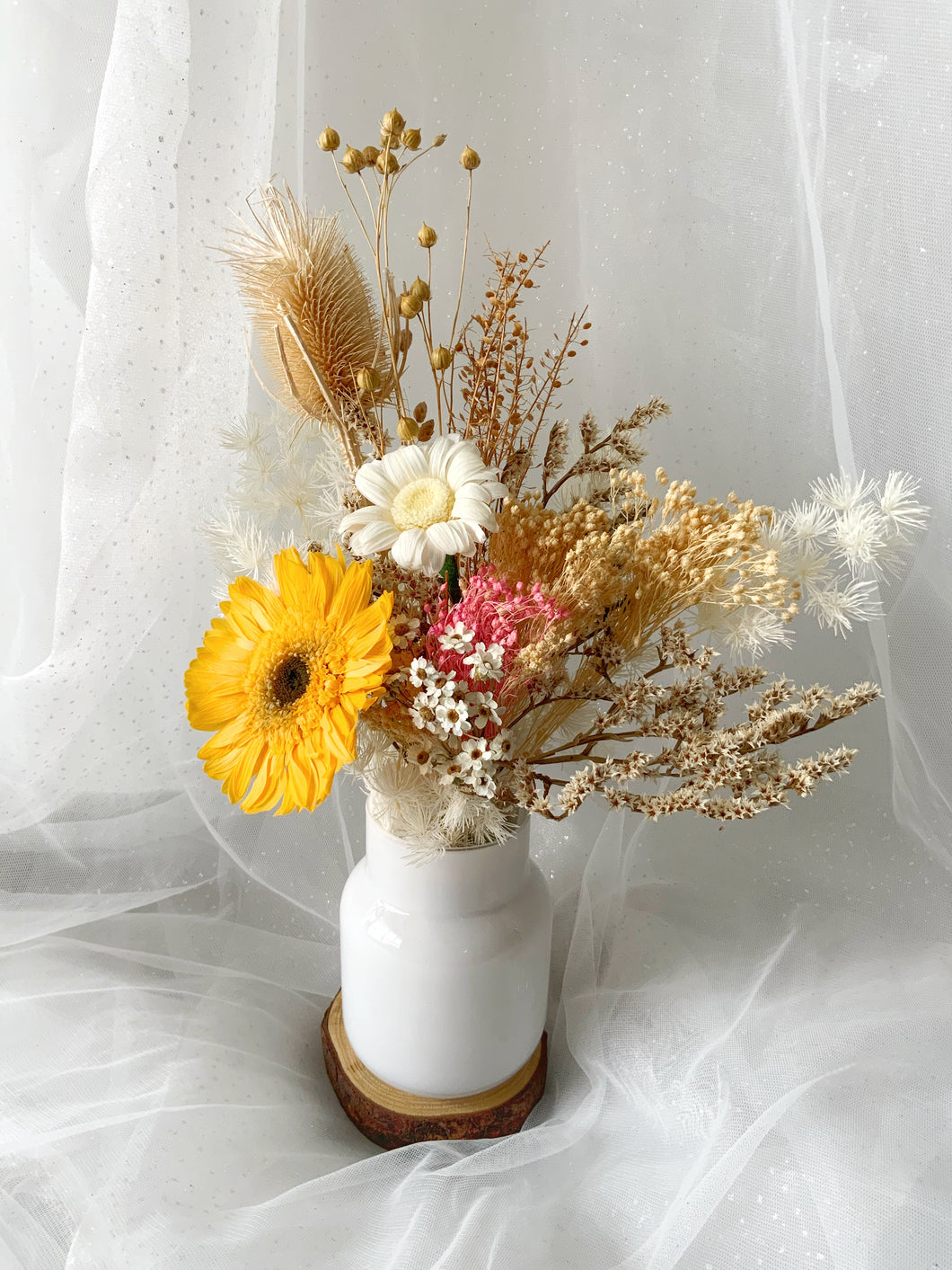 Petite Preserved Yellow Gerbera White Vase